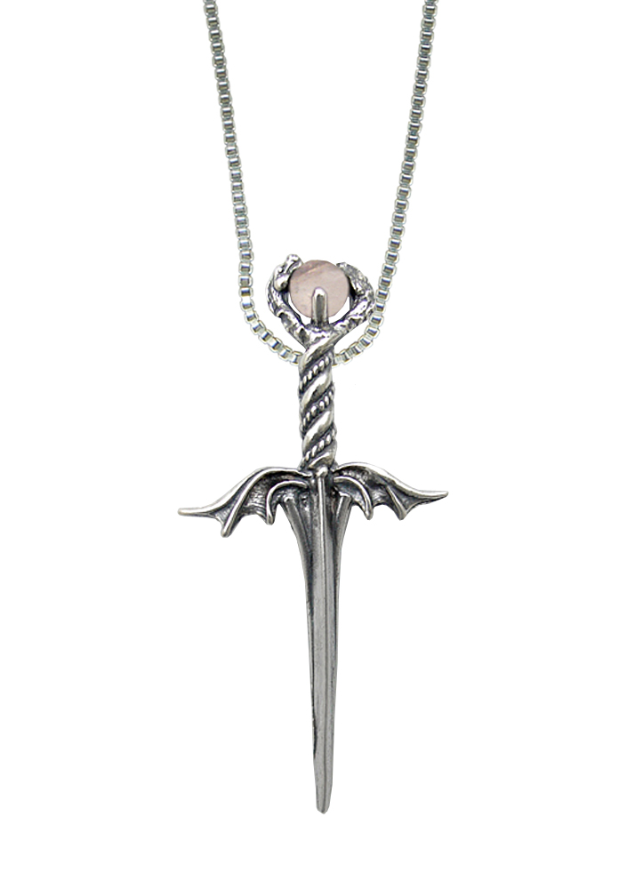 Sterling Silver Dragon's Desire Knife Dagger Pendant With Rose Quartz